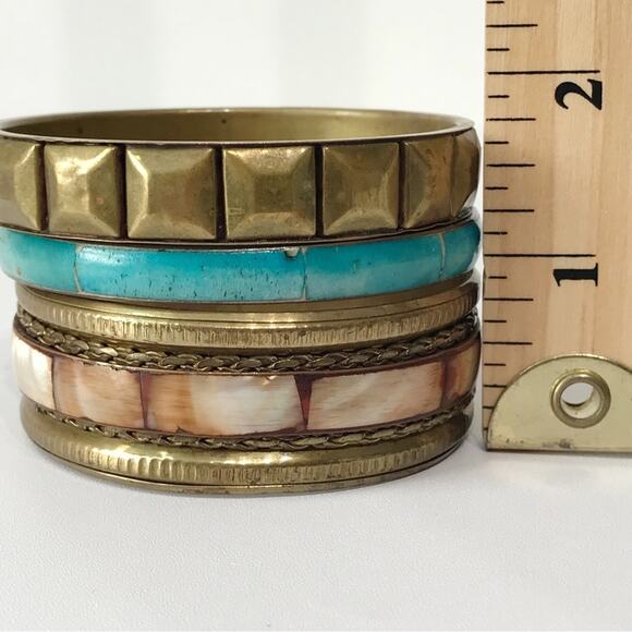 Vintage Brass Hand Crafted Mother of Pearl Inlay Bangles Bracelet Set Lot of 3 - Picture 16 of 16